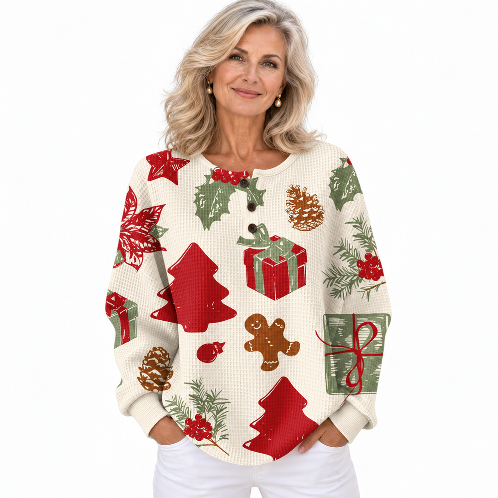 Olivia - Krémový sveter s vianočným vzorom – predný pohľad na modelke na bielom pozadí